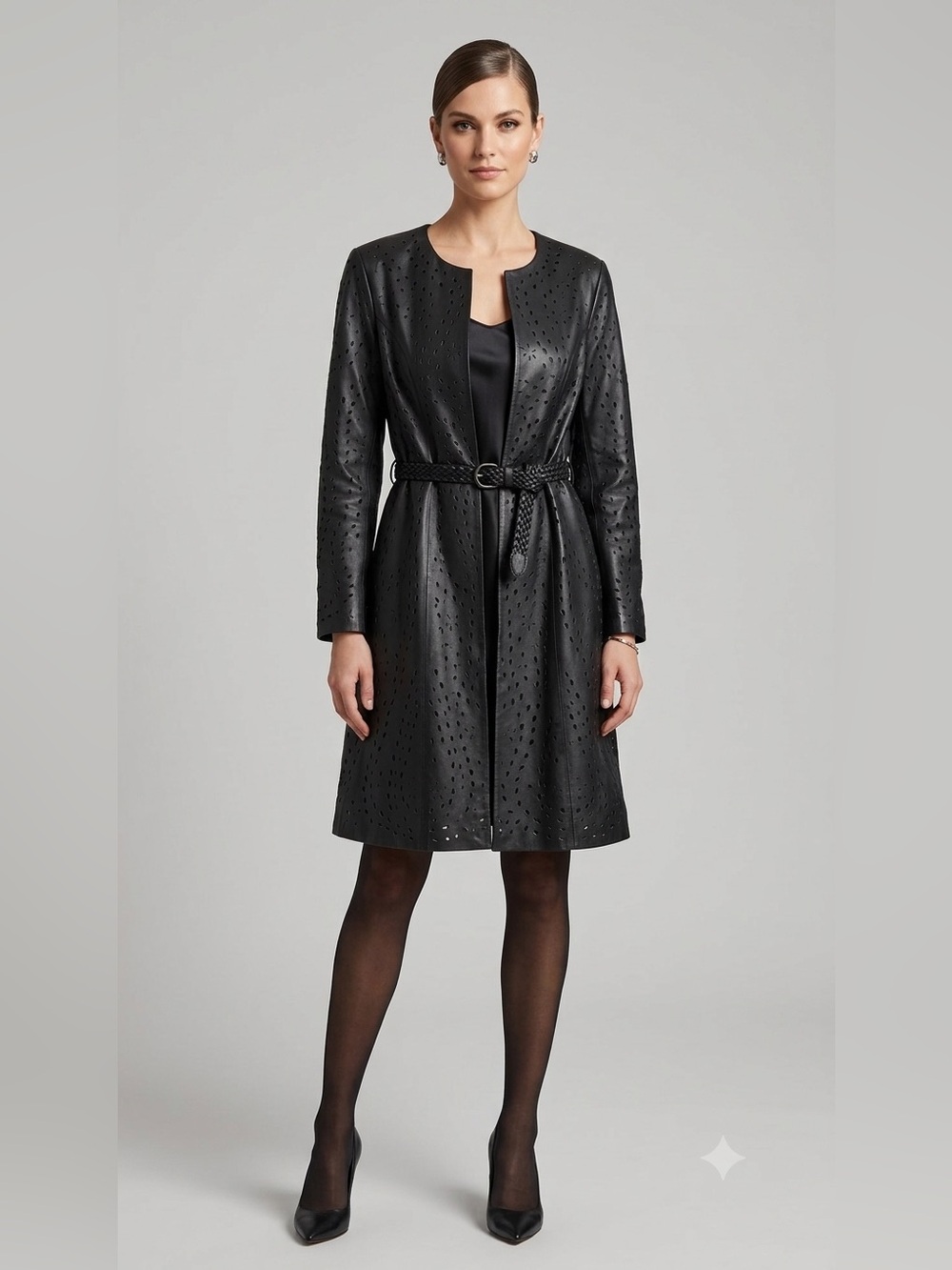 Vintage Newport News Black Lace Leather Belted Coat Laser Cut Winter Fall 6